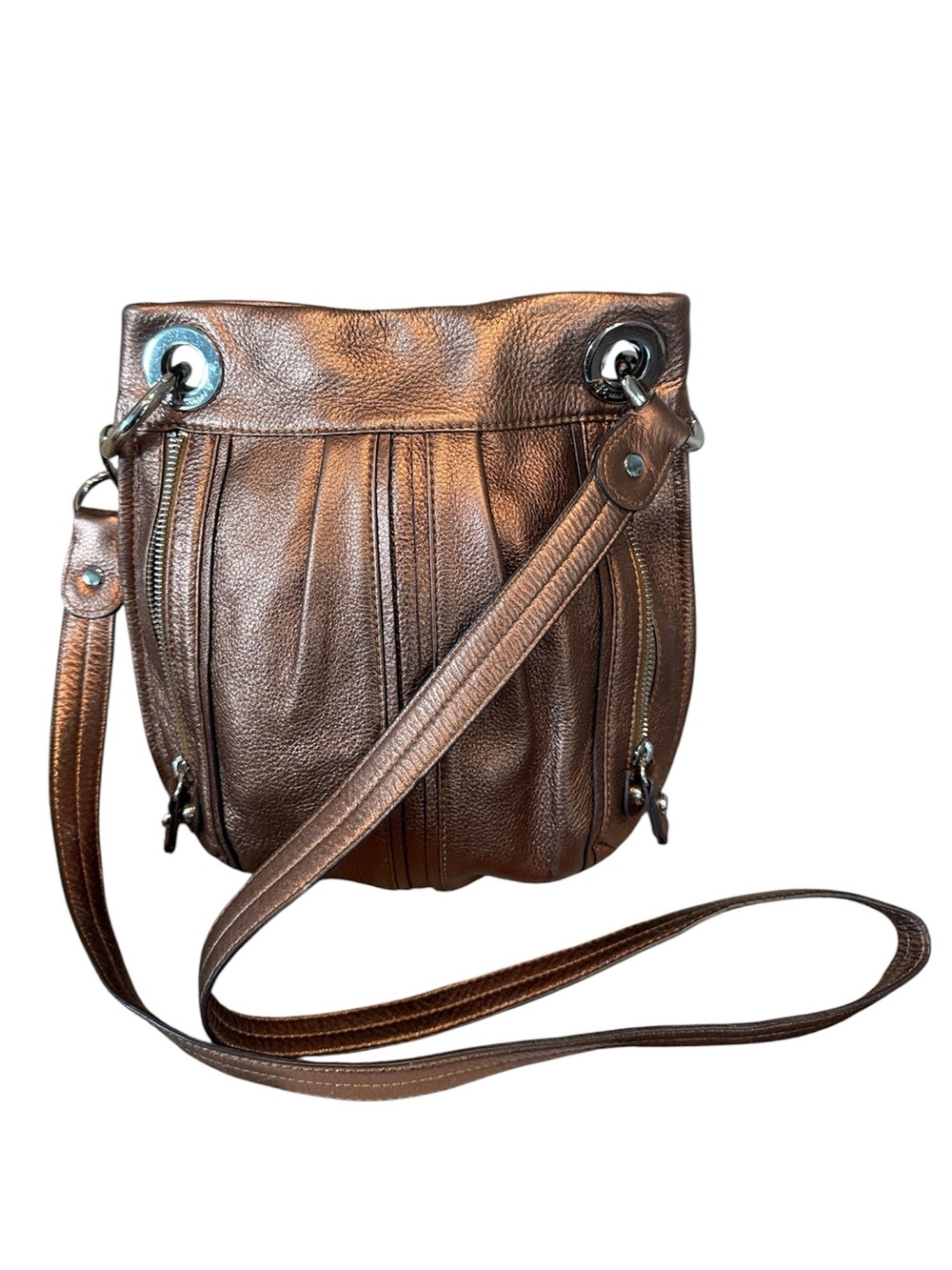 B Makowsky Bronze Crossbody Shoulder Bag Metallic Pebbled Leather, Many Pockets